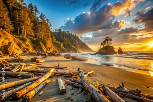 warm golden light casting long shadows on rugged pacific northwest coastline with driftwood and seaweed scattered on sandy beach moody introspective atmosphere