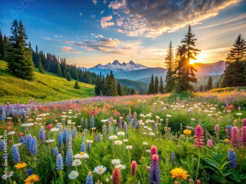 idyllic summer afternoon in pacific northwest meadow filled with blooming wildflowers and swaying green grasses soft pastel colors whimsical romantic carefree atmosphere