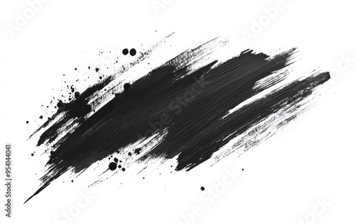 Black ink brush stroke with splashes against a white backdrop - abstract art, design tools, creative resources