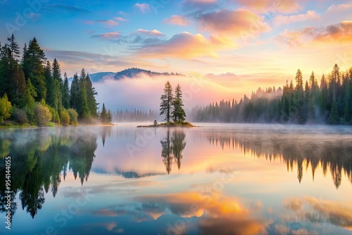 serene pacific northwest lake at dawn with misty fog rising and surrounding landscape reflected in calm water soft pastel colors peaceful contemplative atmosphere