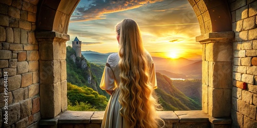 Long-haired maiden stands at castle window, gazing out at sunrise, her golden locks cascading down the stone wall in soft, warm morning light.