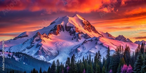 breathtaking pacific northwest mountain peak at sunrise with vibrant pink and orange hues and snow-covered slopes dramatic bold composition high contrast