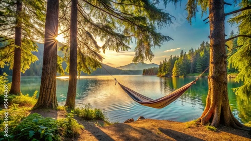 peaceful pacific northwest summer scene with hammock hanging between trees near calm lake water soft focus warm pastel colors relaxing atmosphere