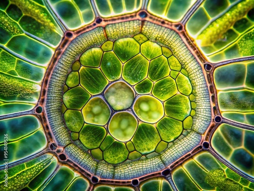 Macro view of a healthy plant's cross-section, showcasing intricate xylem and phloem tissues, cellulose fibers, and