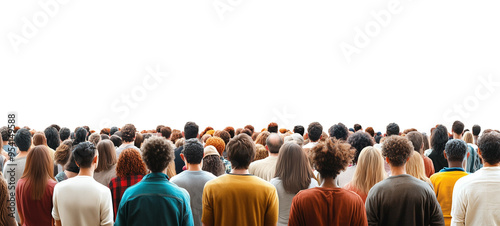 A large crowd of people standing closely together viewed from behind, with a diverse range of clothing and hairstyles visible against a transparent, isolated background