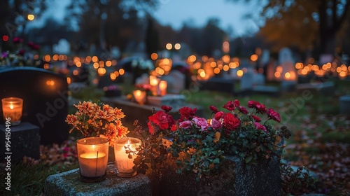 All Saints Day All Souls Day Combined Imagery A peaceful cemetery with candles and flowers placed on gravestones