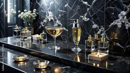 luxurious black marble bathroom countertop reflections showcasing saint laurent perfume as centerpiece among scattered diamonds and champagne flutes