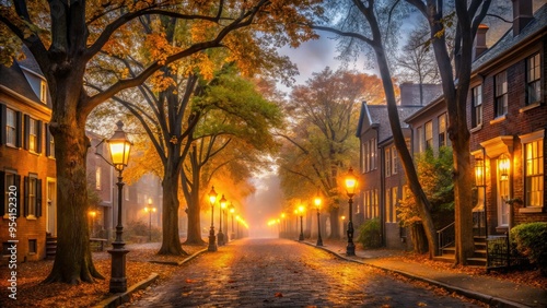 mysterious autumn twilight salem streets deserted lanterns flickering ancient trees looming foggy misty atmosphere warm golden lighting rustic nostalgic vintage americana architecture