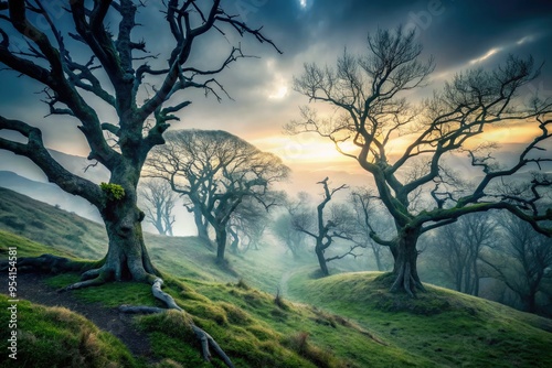 eerie salem woods misty dawn fog rolling hills ancient twisted trees bare branches creepy atmosphere desaturated muted colors long exposure ethereal mystery