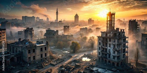 ruins of kharkiv cityscape dawn fog warfare devastation desolation sadness monochrome gritty low-angle dramatic shadows canon eos 5d mark iv natural light