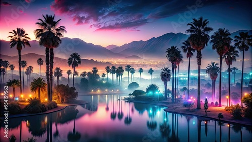 Moody coachella valley midnight neon lights palm trees misty water atmosphere