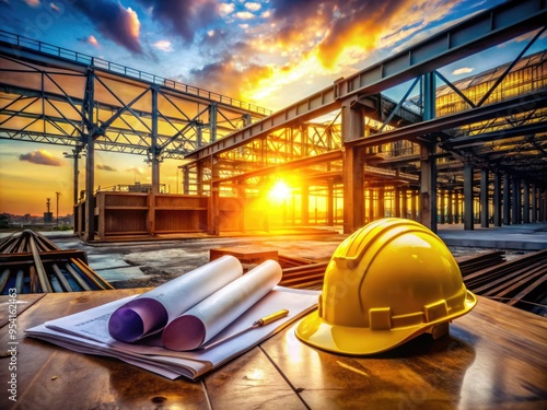 construction manager's cluttered table scattered architectural plans bright yellow hard hats steel beams crisscrossing dramatic lighting warm glow sunset industrial site portrait