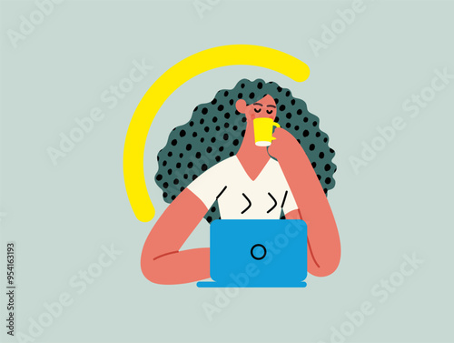 Creative workspace, modern flat vector concept illustration of a woman drinking coffee working sitting with a computer Remote work, flexibility, independence, efficiency, mobility, synergy, freedom