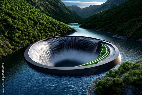 Hydropower optimization and advanced engineering are captured in a futuristic illustration of a modern dam with cutting-edge technology