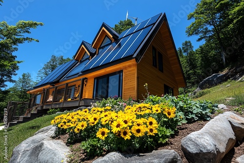 Renewable energy, off-grid living, self-sufficient homes rely on solar panels and wind turbines for sustainable power