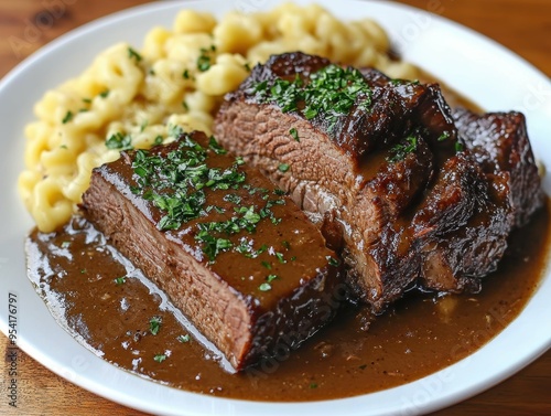 Traditional German Sauerkraut Tender Pot Roast with Tangy Gravy and Spaetzle Noodles