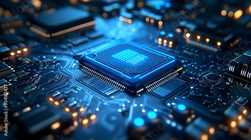 Close-up of a glowing blue CPU chip on a circuit board.