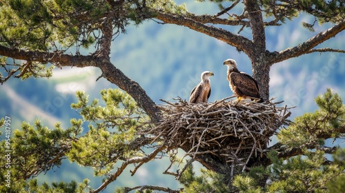 Eagle nest high in a tree, with young eaglets visible, showcasing the cycle of life in the wild