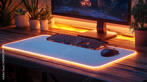 A modern gaming setup featuring large white mousepad with LED lighting, keyboard, and monitor surrounded by plants, creating cozy atmosphere.