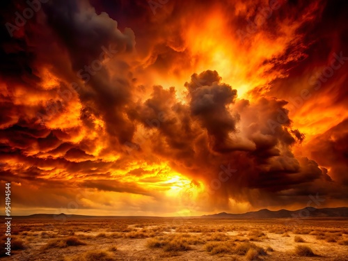 Ominous dark clouds gather amidst a fiery orange sunset, casting an eerie, foreboding glow over a desolate, barren