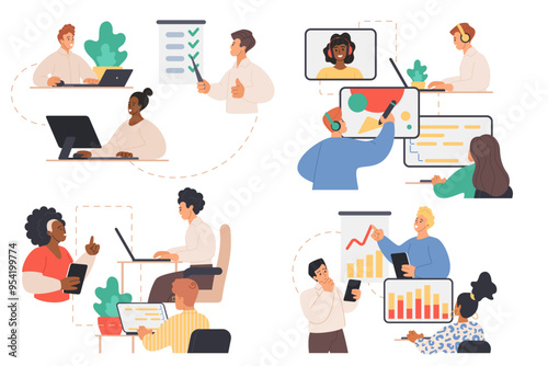 Company workflow with team of managers set. Office teamwork organization and streamline productivity of communication, creative brainstorming process of colleagues cartoon vector illustration