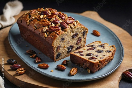 Date and Nut Loaf: A whole date fruit and nut loaf with a slice cut out, showing the dense, moist interior, with a few dates scattered nearby.