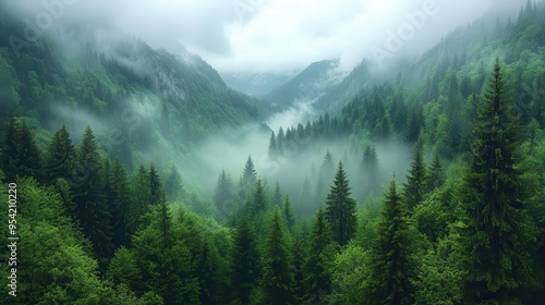 misty carpathian mountain landscape ethereal fog verdant forests dramatic peaks moody atmosphere soft morning light