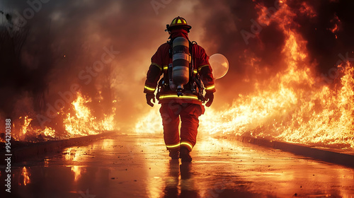 Firefighter walking towards burning flames.