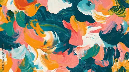 Abstract Painting with Teal, Orange, and Pink Swirls