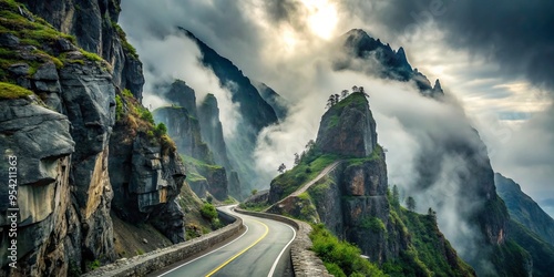 Rugged, winding mountain road shrouded in mist, with steep cliffs and jagged rocks looming precariously close, evoking