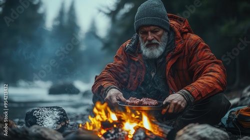 rugged outdoorsman cooking over open campfire in misty forest clearing flames illuminating his determined face as he tends to sizzling meat on rustic grill