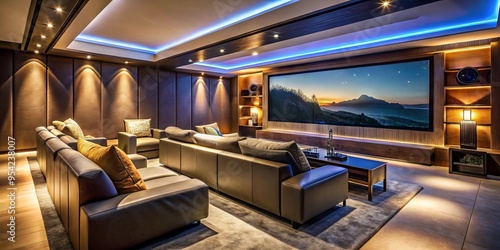 Sleek, high-tech entertainment space with expansive screen, surround sound speakers, and plush seating, immersed in