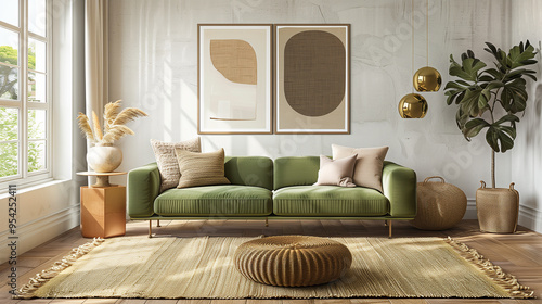 Contemporary living room featuring a sage green sofa, brass accents, and a jute rug