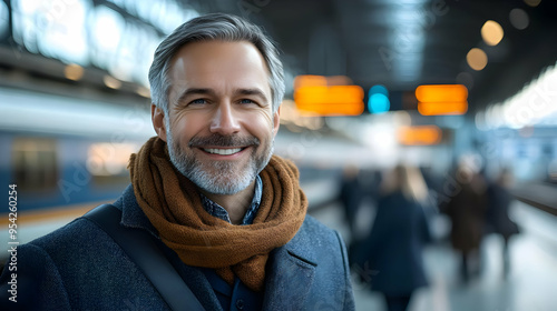 Smiling middle-aged man in a scarf standing at a train station.