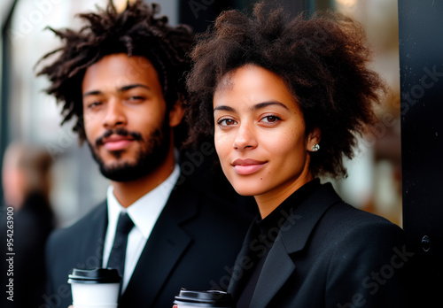  Business Professionals Having a Quick Coffee Outside Office