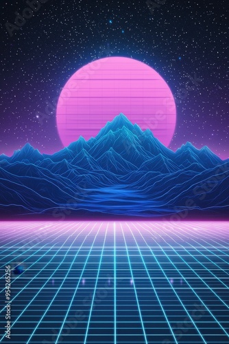 Retro Futuristic Scenery with Neon Grid Mountains and Moon