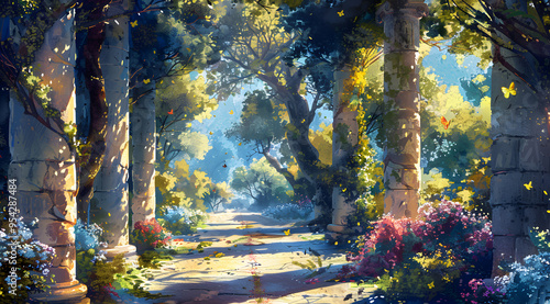 A Serene Sanctuary: Watercolor Dreamscape of an Ancient Greek Villas Garden