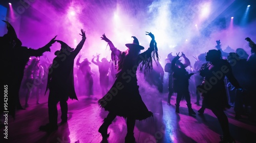 Halloween party dance floor, with guests dressed as witches, vampires, and other spooky characters, dancing under strobe lights.