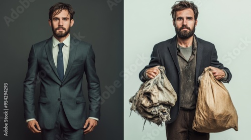 Rich and poor concept. comparison of a handsome man in suit with expensive accessories and a man in ragged clothing, holding a tattered bag.