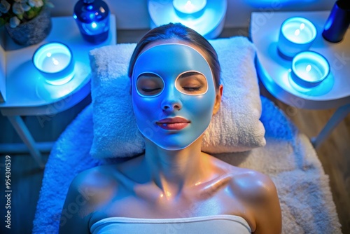 Vibrant blue LED face mask glows on a serene, relaxed female, surrounded by calming ambiance, dim lighting, and