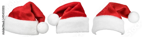 Set of Santa Claus red hat or Christmas red cap isolated on transparent background