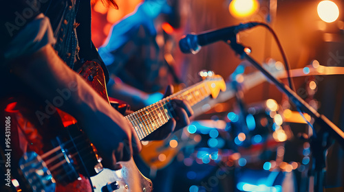 A close-up shot of a guitarist playing an electric guitar during a live performance, with vibrant lighting and blurred background showcasing the intensity of the concert.