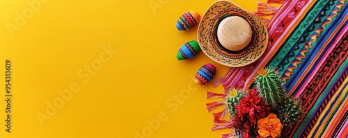 Cinco de mayo celebration essentials: flat lay of traditional mexican sombrero, serape blanket, and maracas on a vibrant yellow background