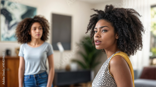 Two African American sisters, friends or a mother and daughter in the midst of having an argument in a living room