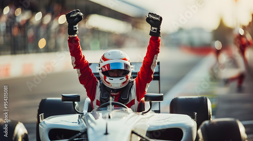 A racing driver in a red suit and helmet raises both arms in triumph while seated in a race car, celebrating a victory on the track with the pit crew and spectators in the background.