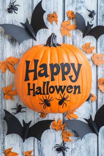 Halloween-themed orange pumpkin with happy halloween text, bats, spiders, and orange leaves on a white wooden background