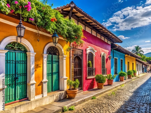 Vibrant colorful colonial-style buildings line cobblestone streets in the historic town of Suchitoto, El Salvador,