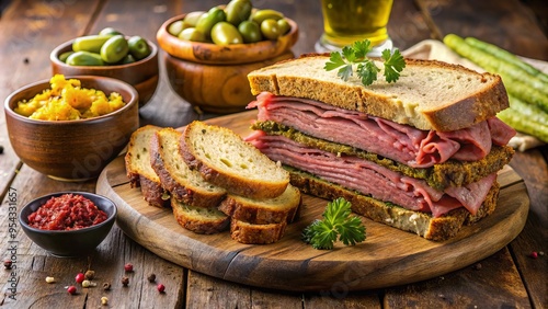 Vibrant deli display features an abundance of juicy, thinly sliced pastrami, accompanied by crusty rye bread, tangy