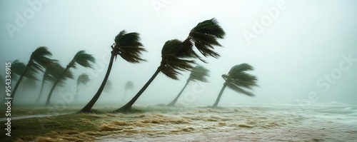 Galeforce winds bending palm trees during a tropical storm, extreme weather, powerful wind