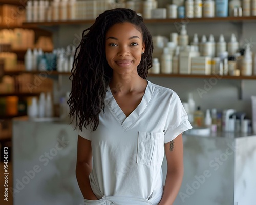 Black Woman with Locs Smiling Wearing White Scrubs While Standing in an Beauty Spa